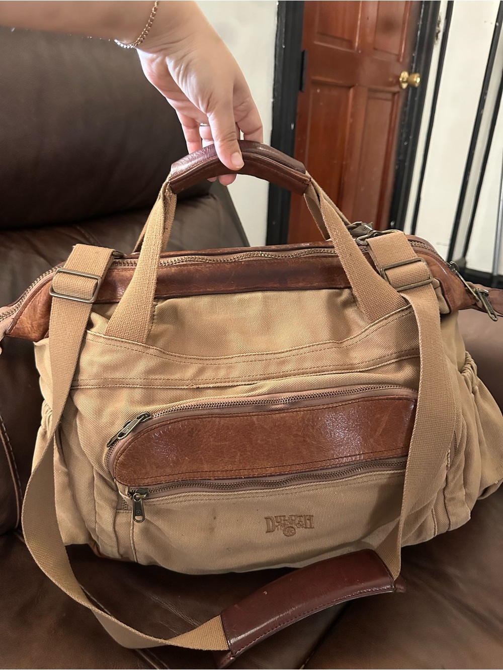 Duluth Trading Co Tan Canvas Duffel with Brown Leather Accents - Picture 3 of 13